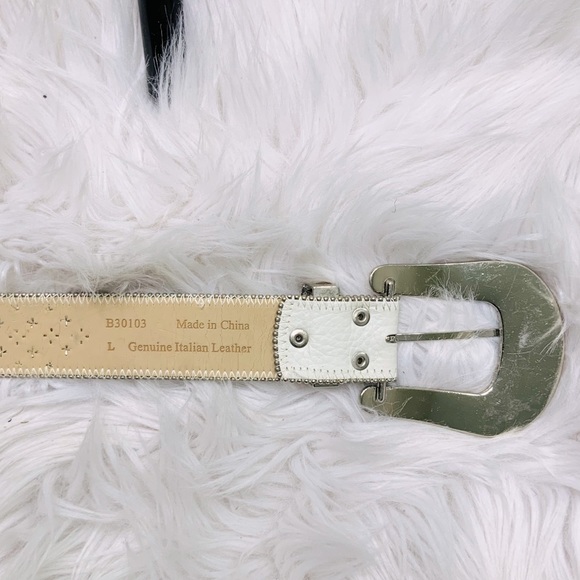 White Italian Leather Rhinestone and Silver Belt main image 5